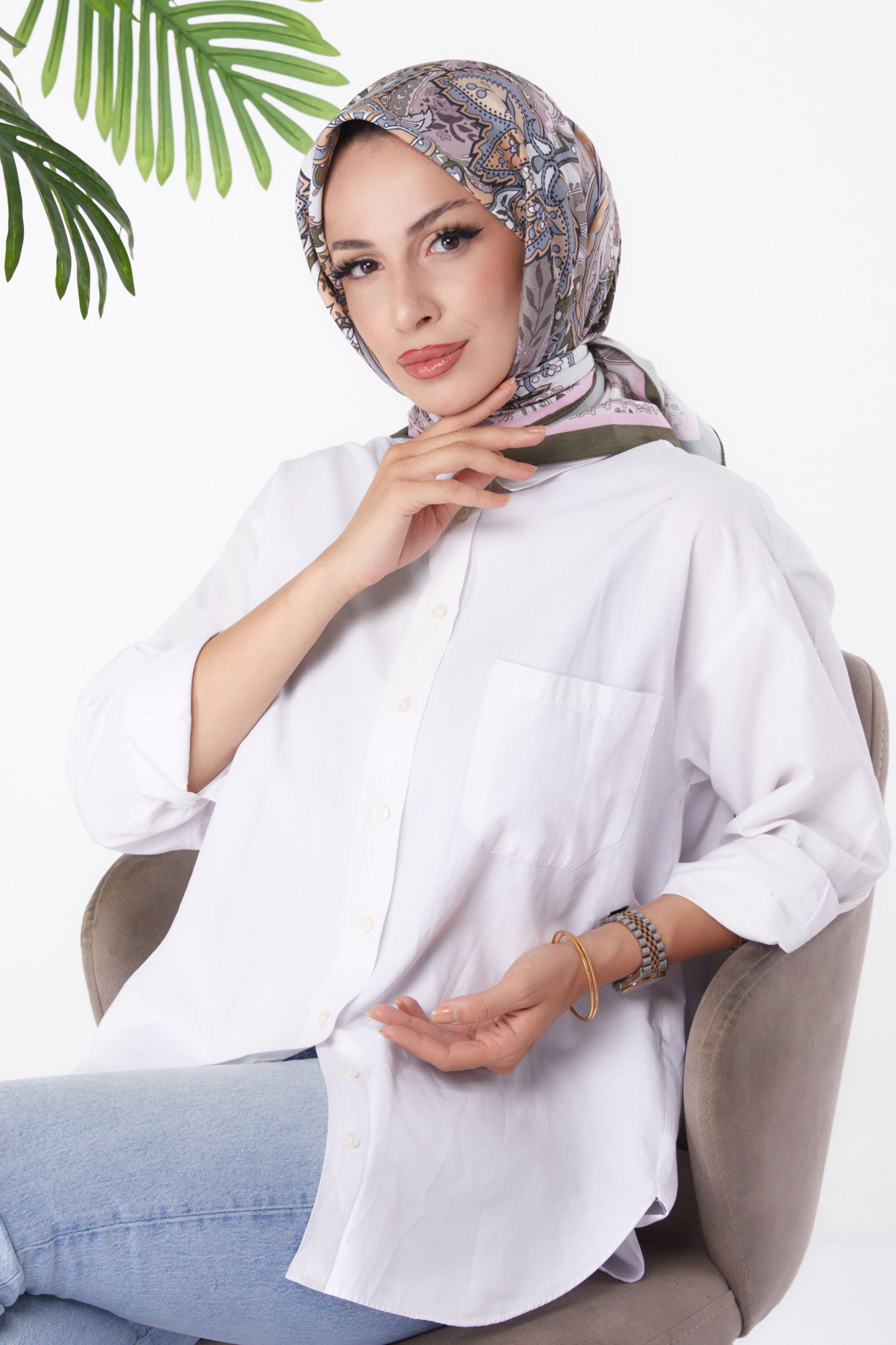 Düz Orta Kadın Haki Desenli Eşarp - 26154 - 2