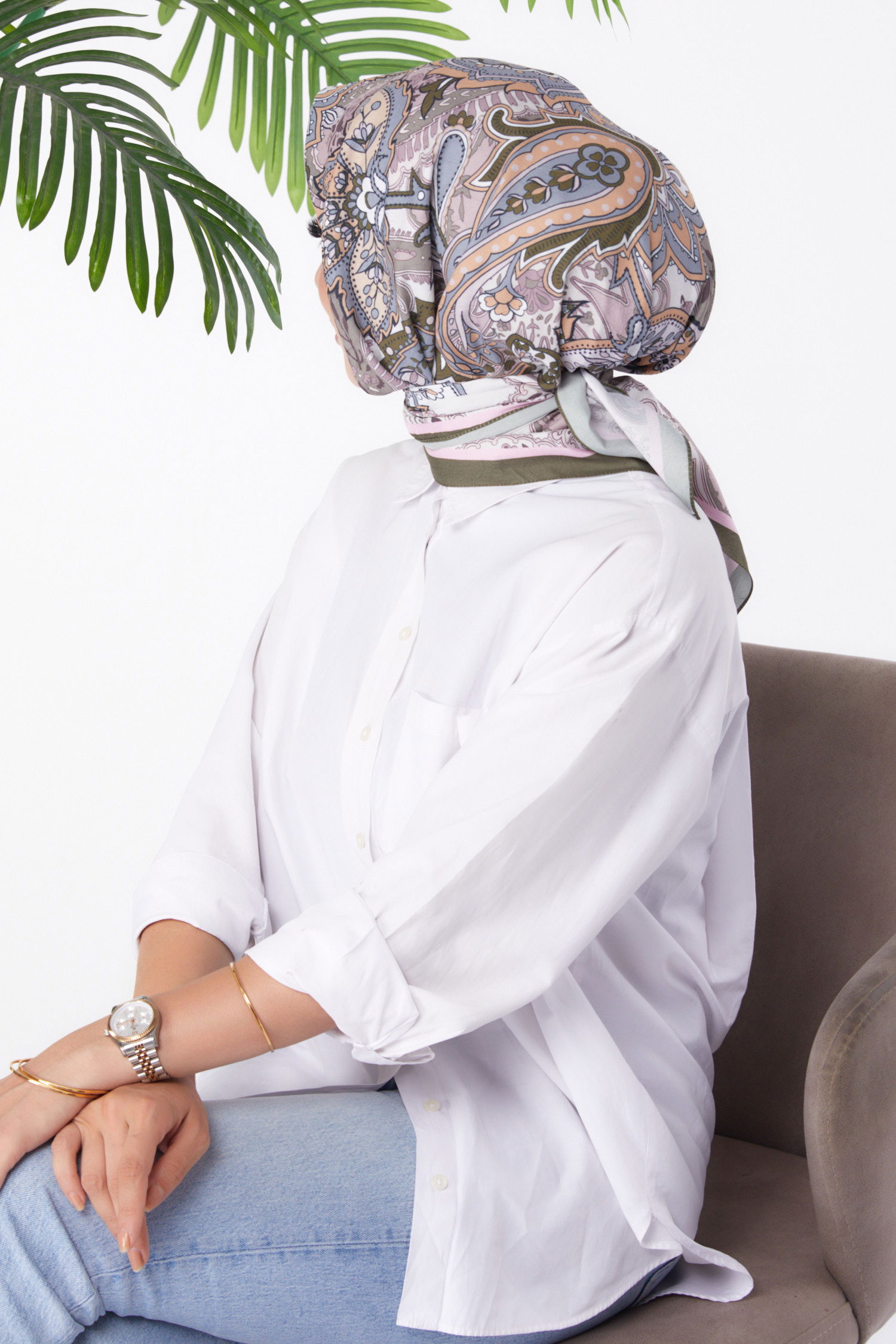 Düz Orta Kadın Haki Desenli Eşarp - 26154 - 3