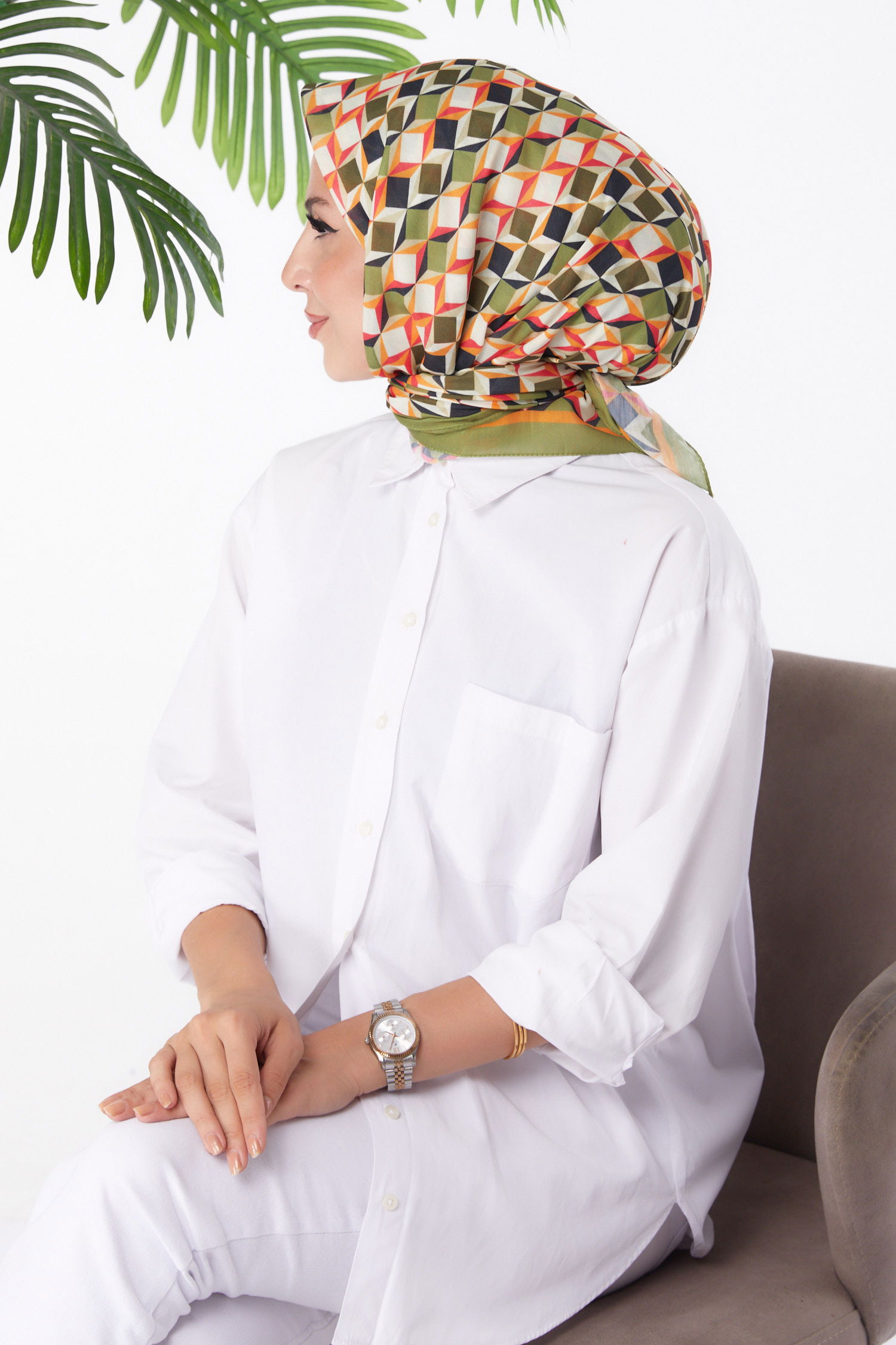 Düz Orta Kadın Haki Desenli Eşarp - 26157 - 3