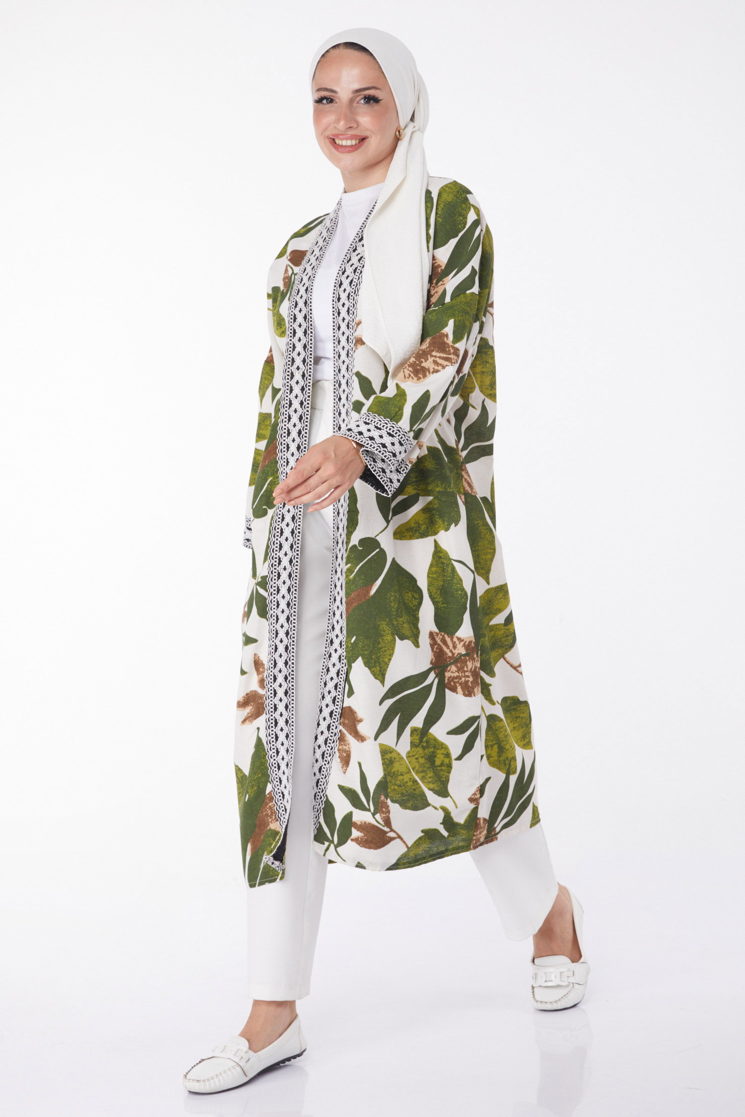 Düz Orta Kadın Haki Desenli Kimono - 13233 - 1