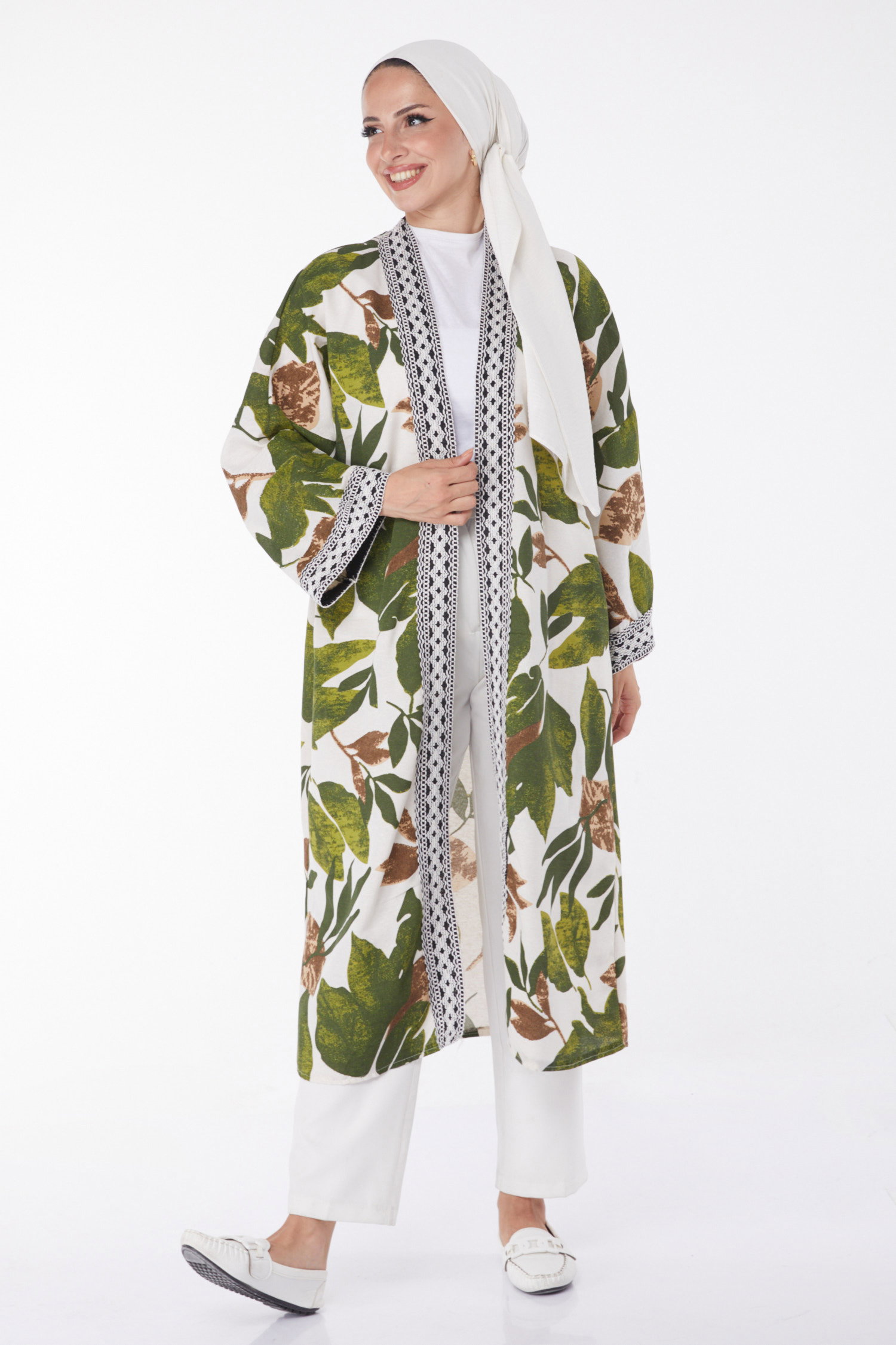 Düz Orta Kadın Haki Desenli Kimono - 13233 - 3