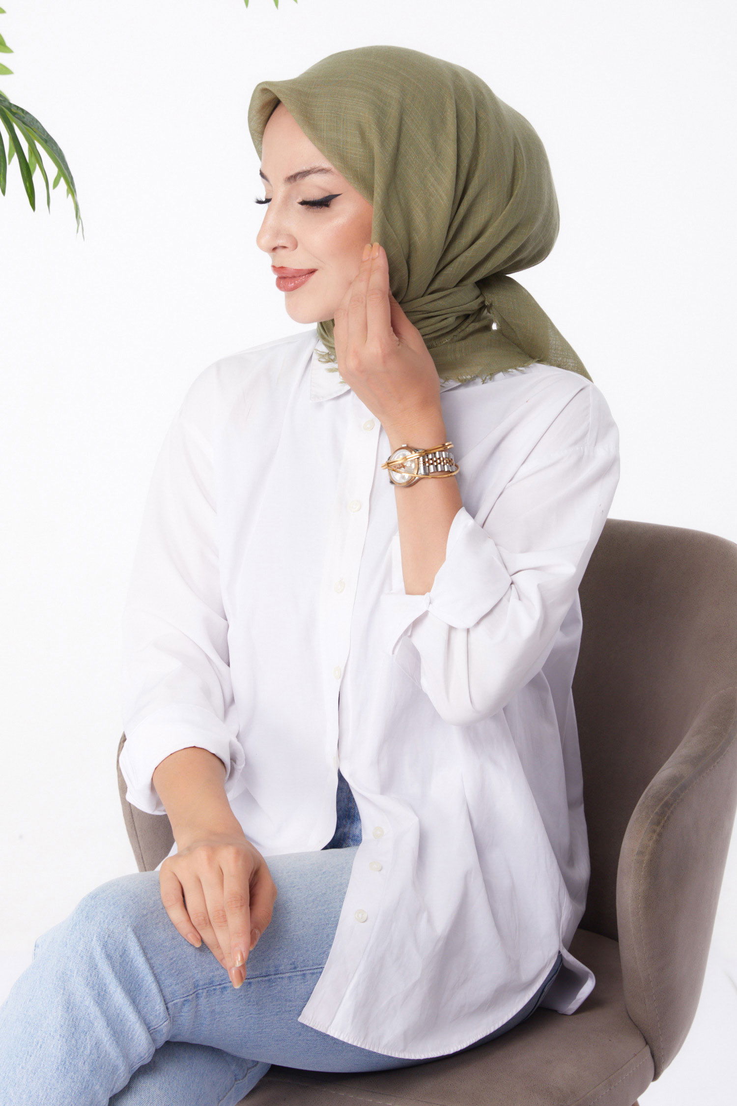 Düz Orta Kadın Haki Eşarp - 26146 - 2