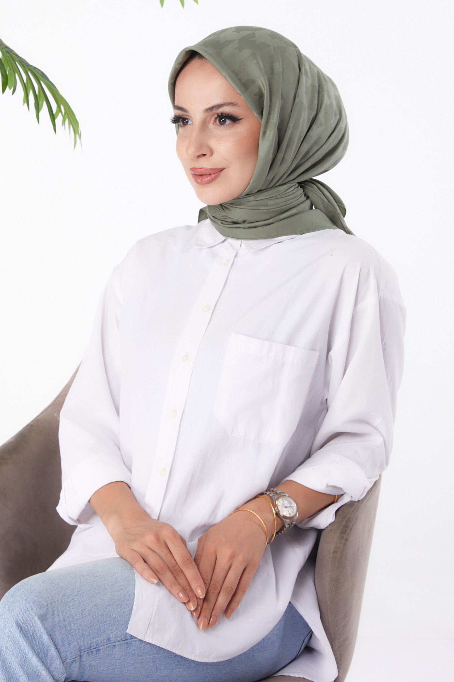 Düz Orta Kadın Haki Janjanlı Eşarp - 26149 - 1