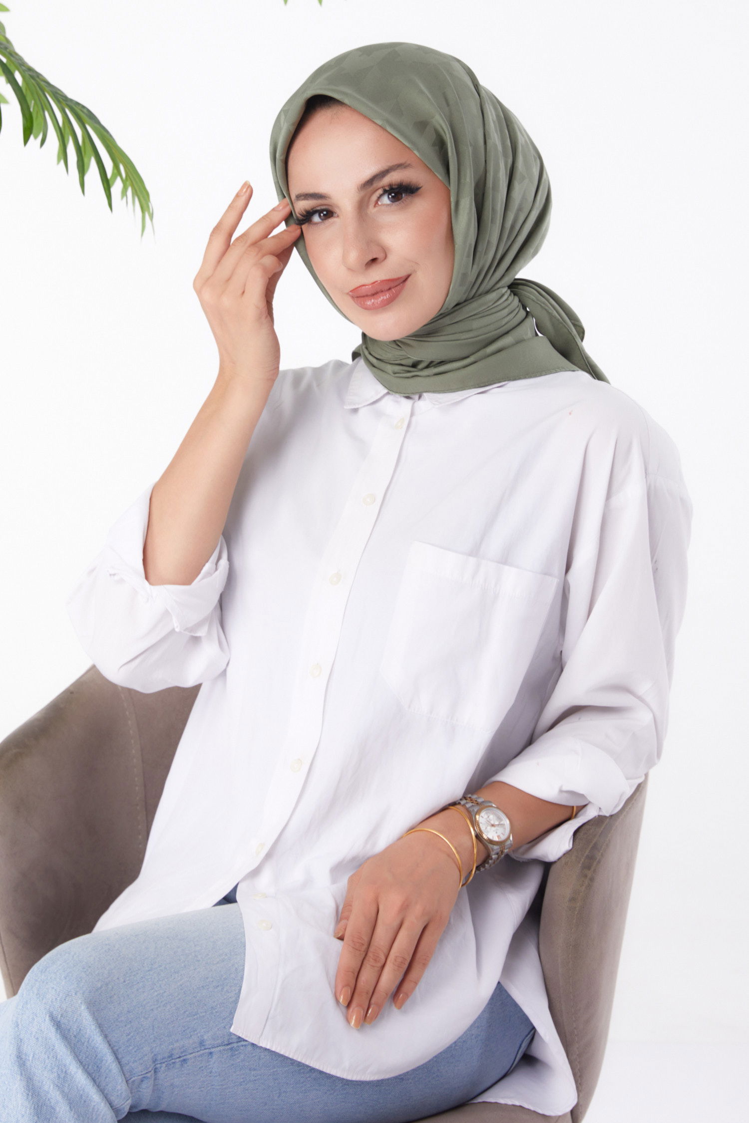 Düz Orta Kadın Haki Janjanlı Eşarp - 26149 - 2