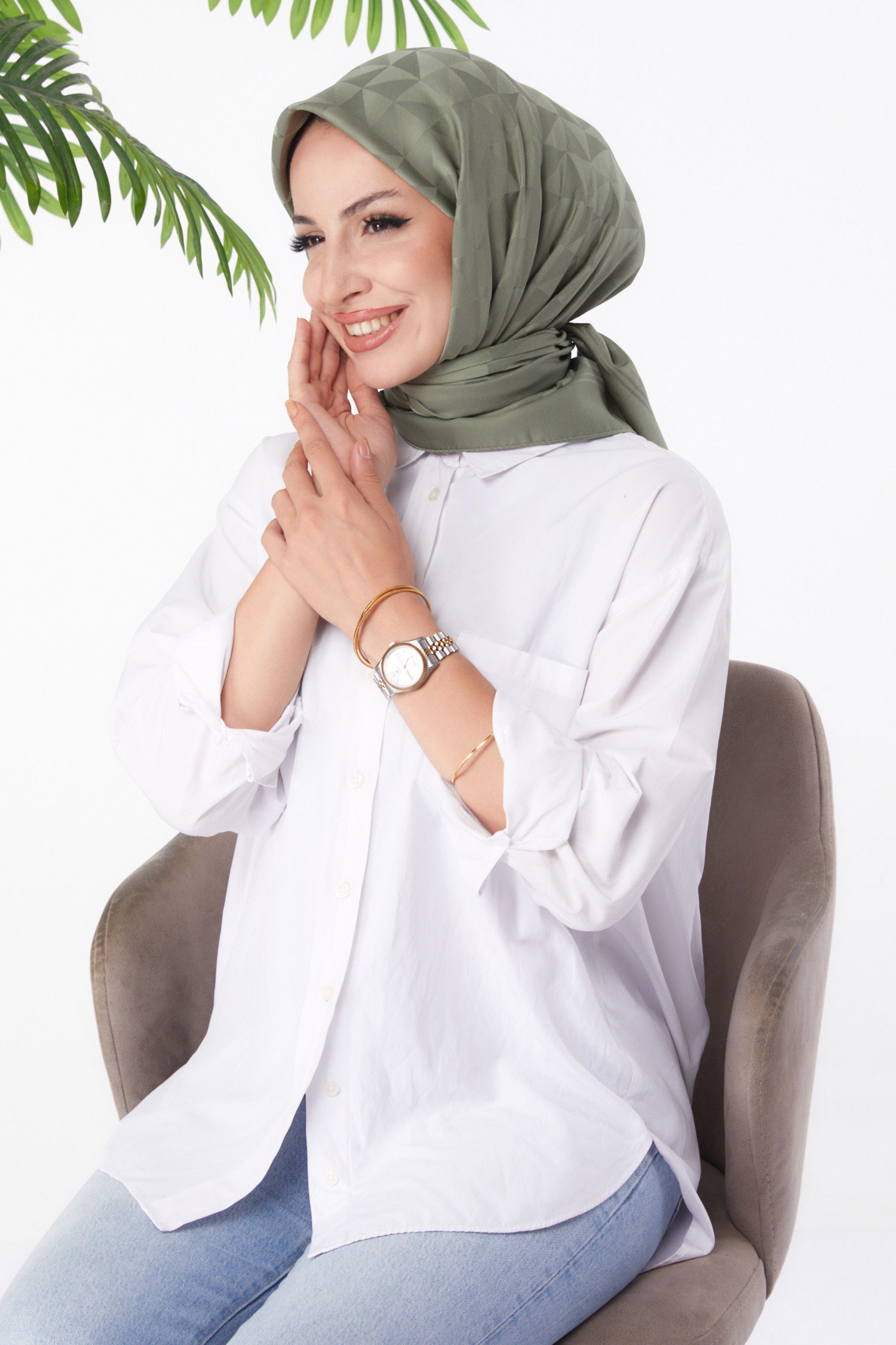 Düz Orta Kadın Haki Janjanlı Eşarp - 26156 - 1