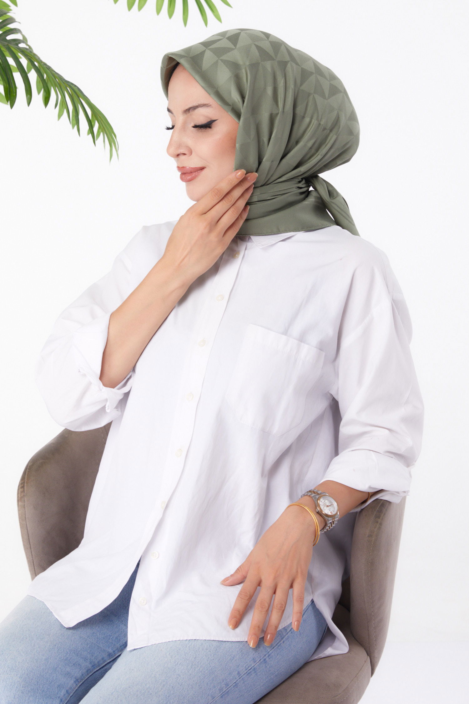 Düz Orta Kadın Haki Janjanlı Eşarp - 26156 - 2