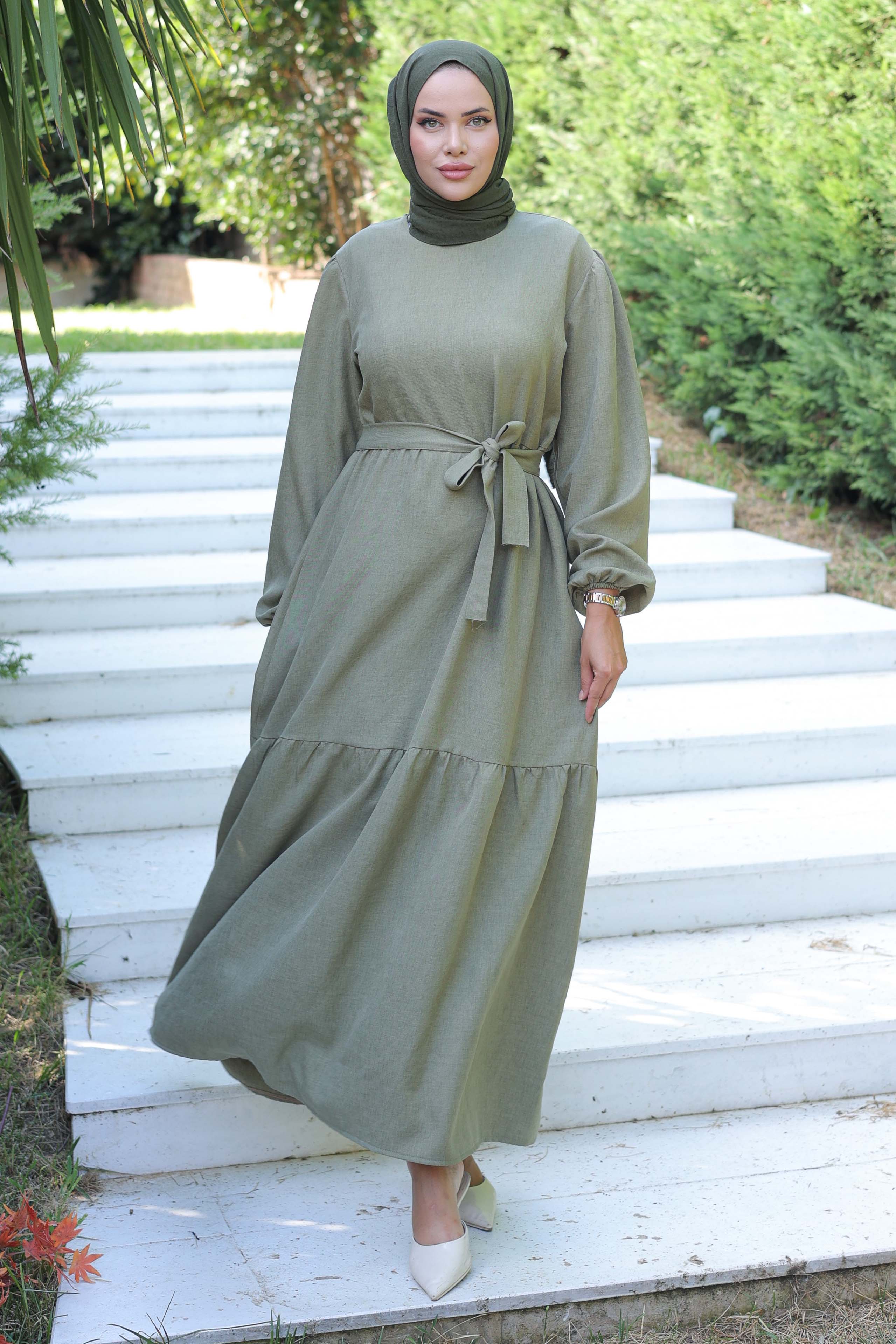 Katlı Elbise Haki - 26624 - 2