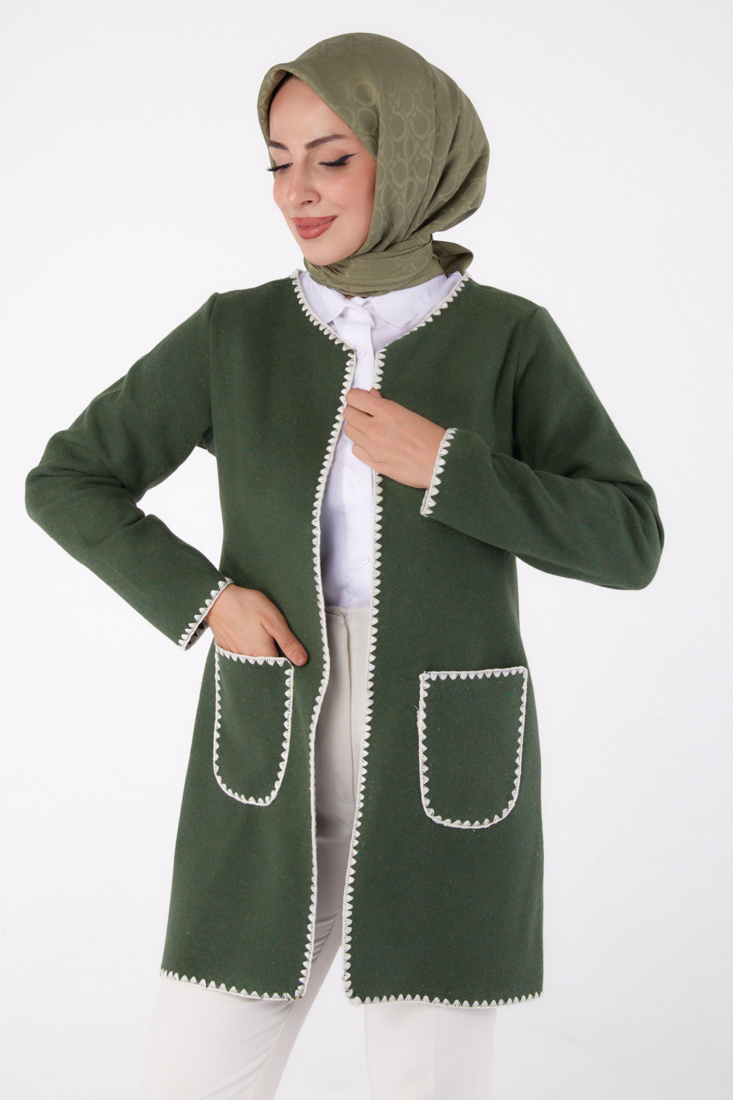 Düz Orta Kadın Haki Nakışlı Ceket - 13304 - 1