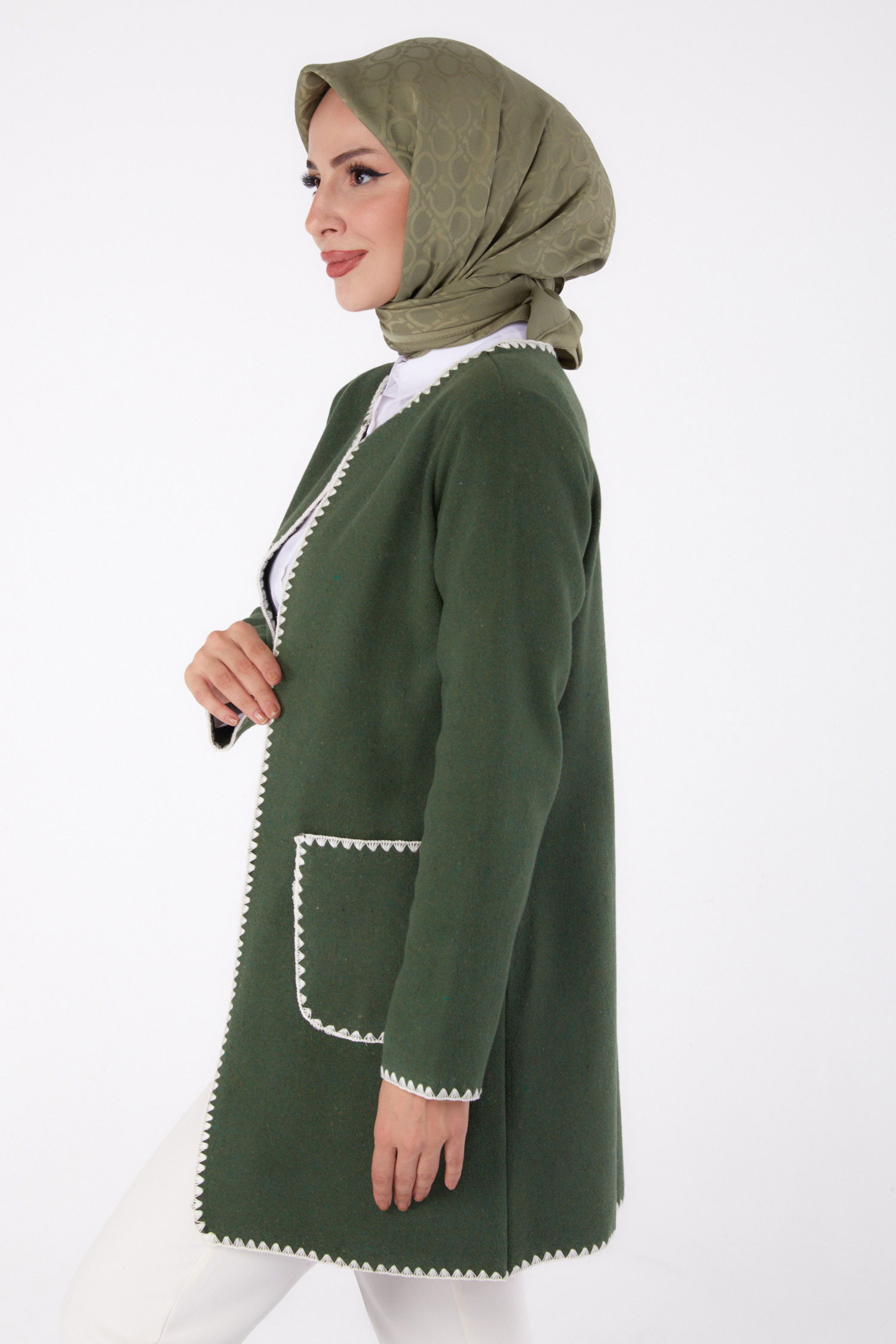 Düz Orta Kadın Haki Nakışlı Ceket - 13304 - 4