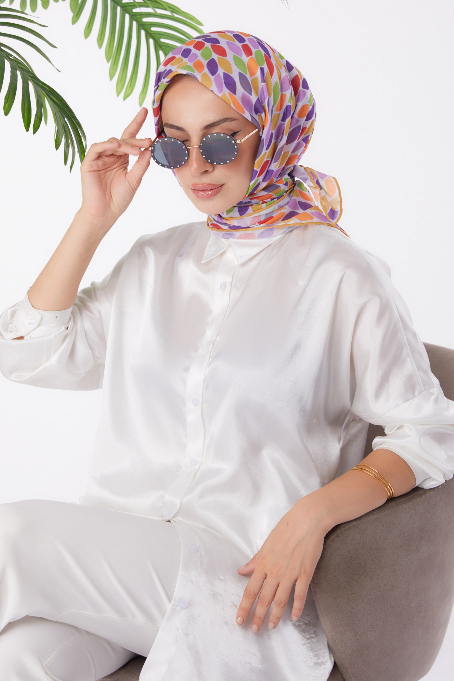 Düz Orta Kadın Hardal Desenli Eşarp - 25971 - 1