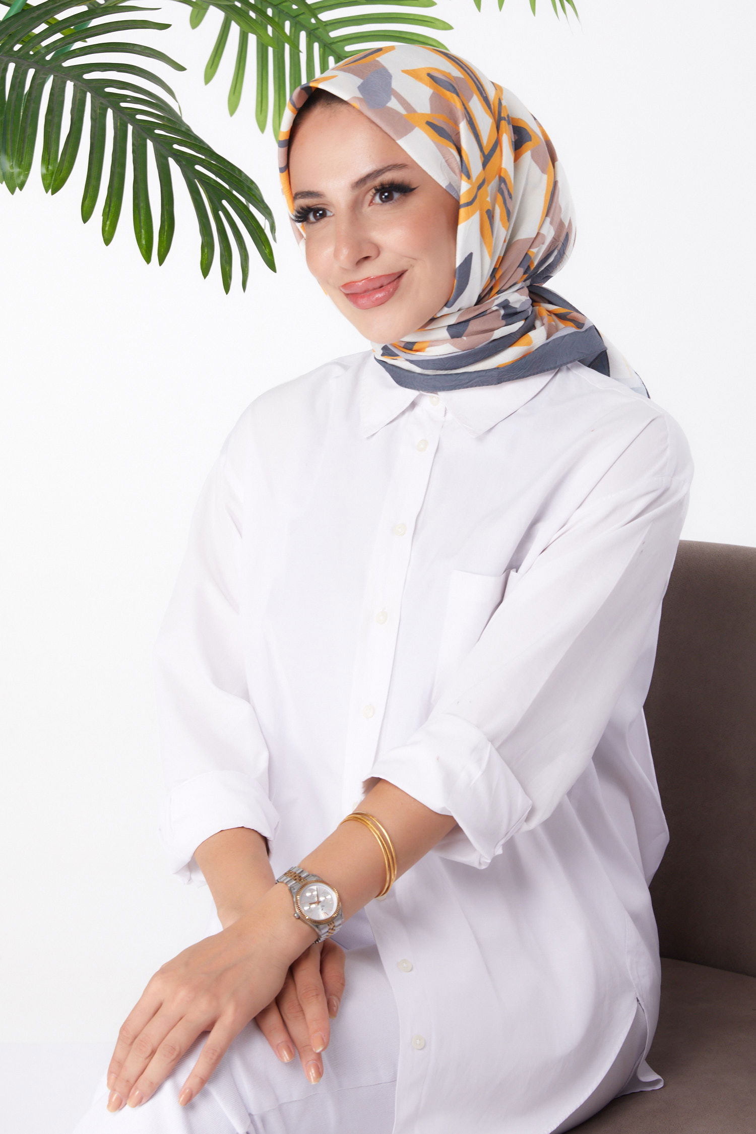 Düz Orta Kadın Hardal Desenli Eşarp - 26159 - 2