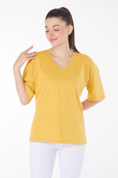 Düz Orta Kadın Hardal T-Shirt - 25848 