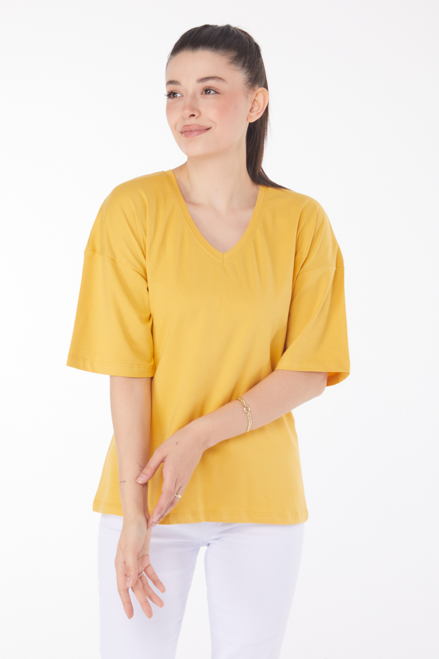 Düz Orta Kadın Hardal T-Shirt - 25848 - 2