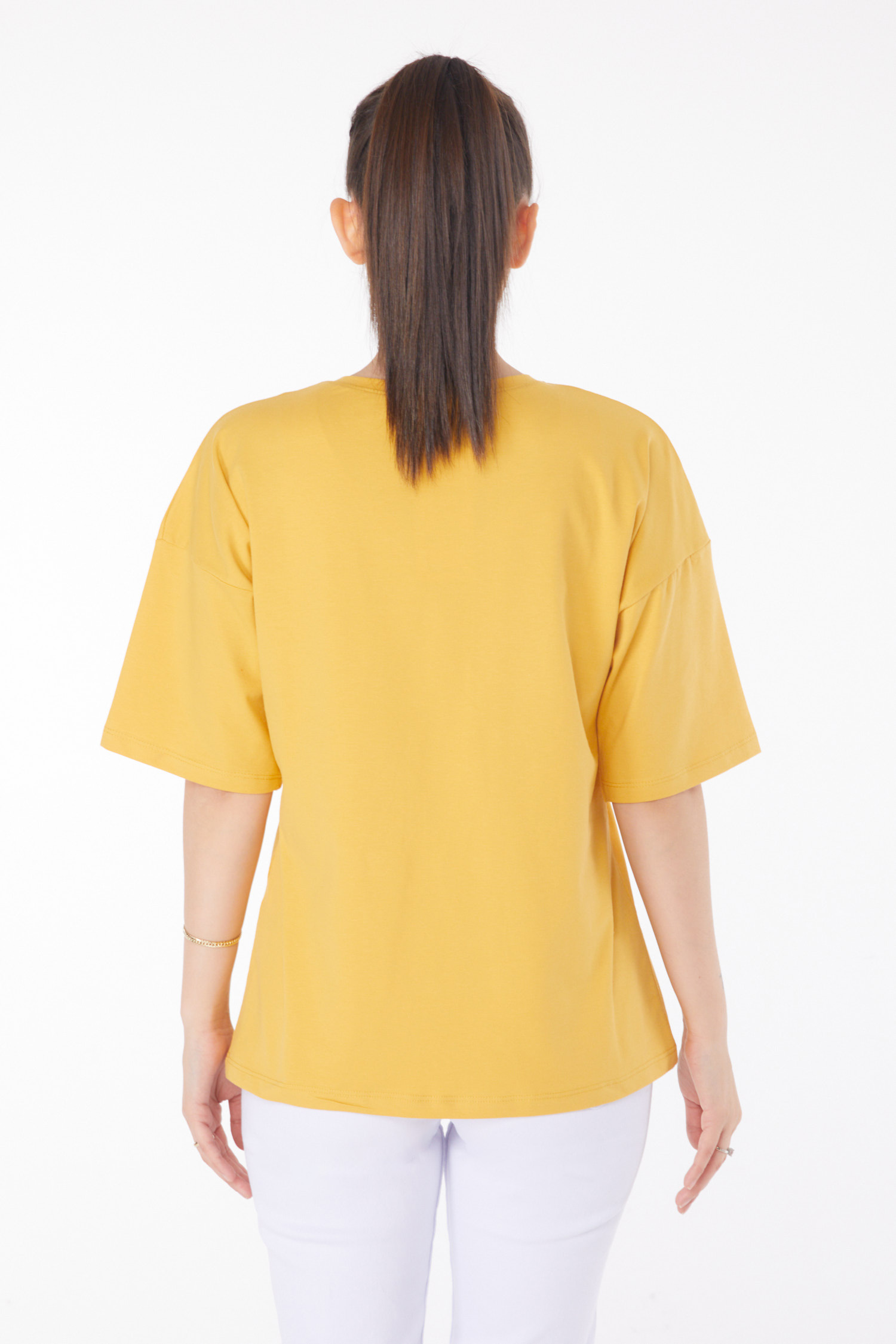 Düz Orta Kadın Hardal T-Shirt - 25848 - 5