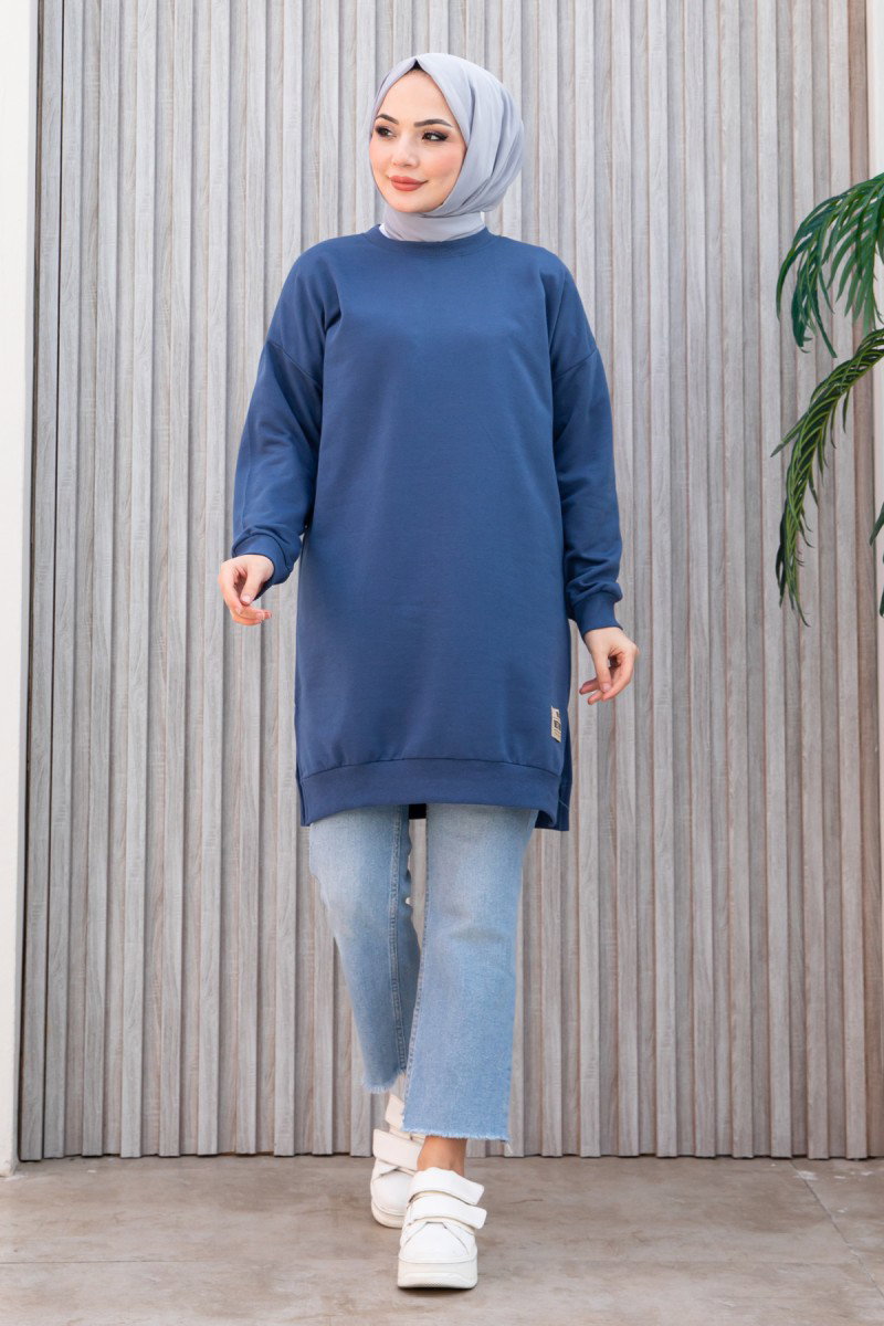 Düz Orta Kadın Indigo Armalı Tunik - 26568 - 2