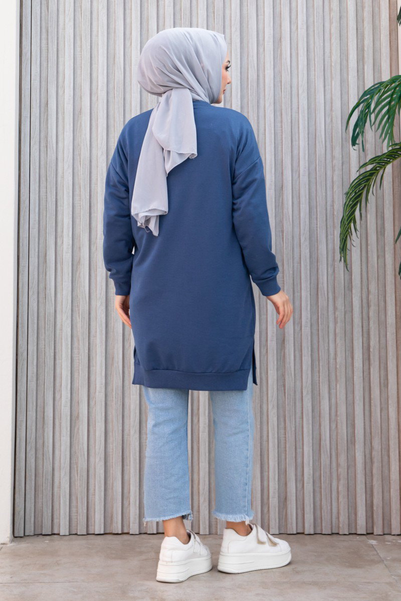 Düz Orta Kadın Indigo Armalı Tunik - 26568 - 5