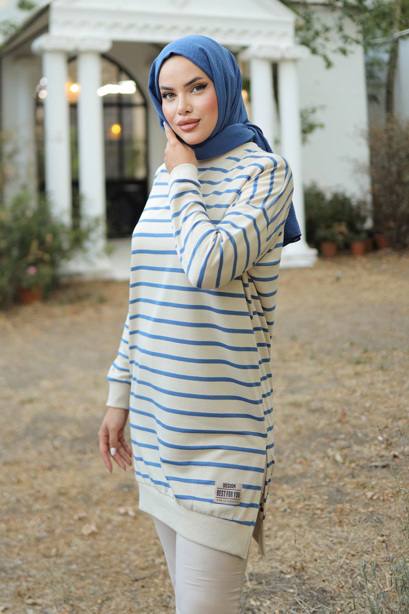 Düz Orta Kadın Indigo Çizgili Armalı Tunik - 26564 - 4