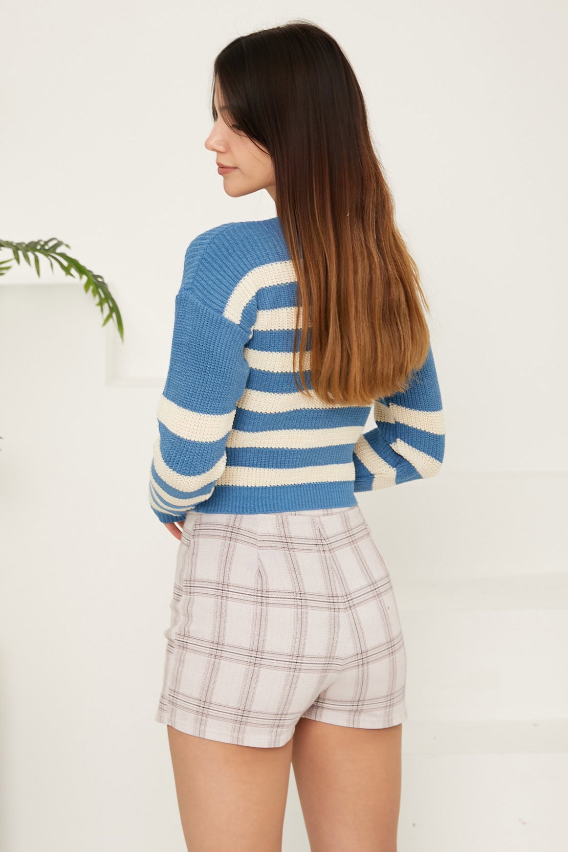 Düz Orta Kadın Indigo Crop Çizgili Kazak - 26656 - 5