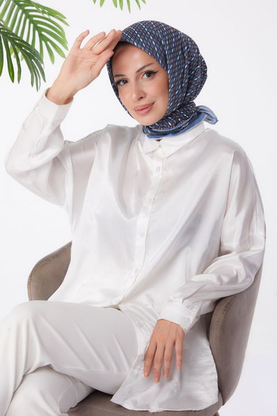 Düz Orta Kadın Indigo Desenli Eşarp - 25974 