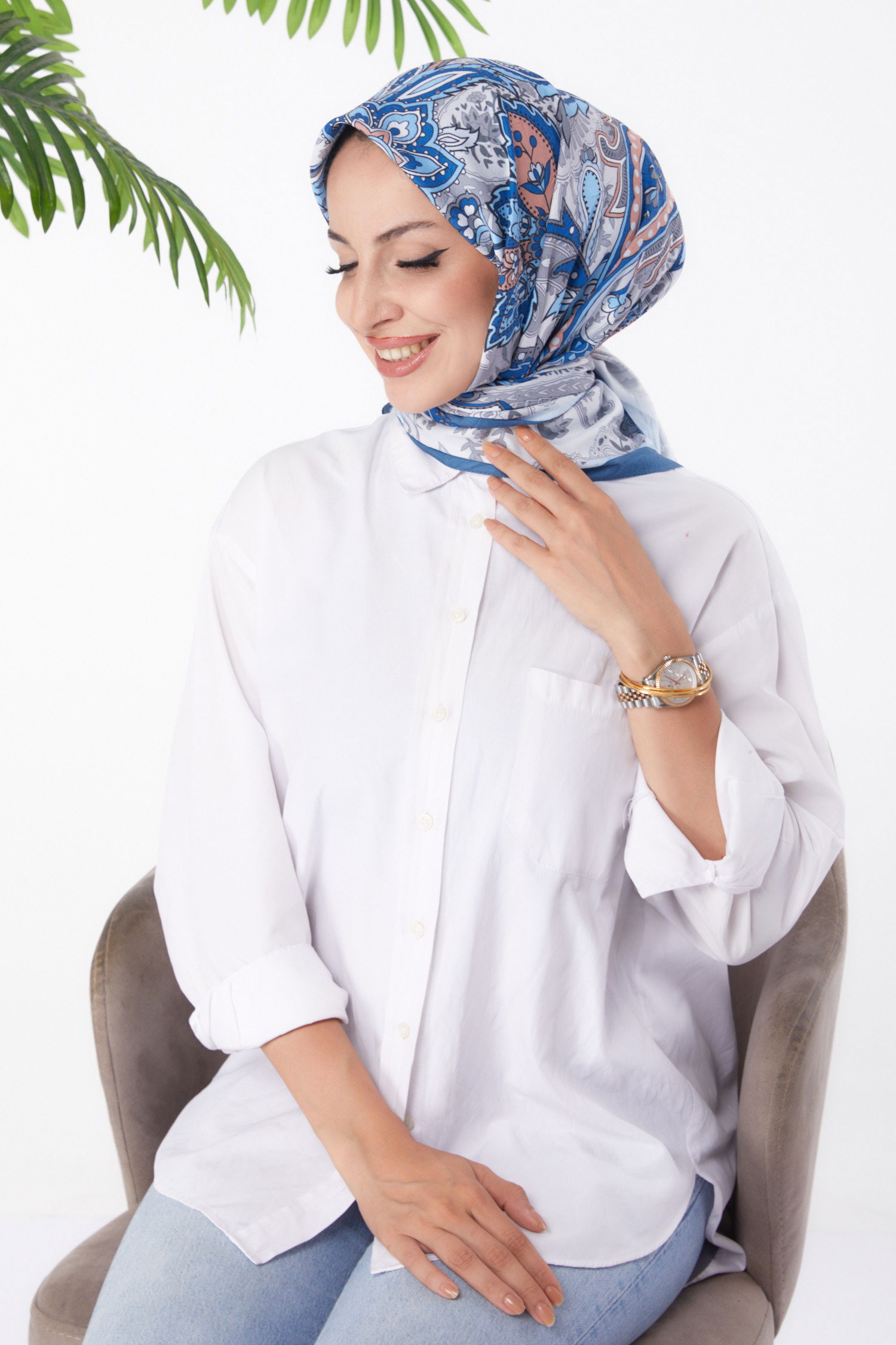 Düz Orta Kadın Indigo Desenli Eşarp - 26154 - 1