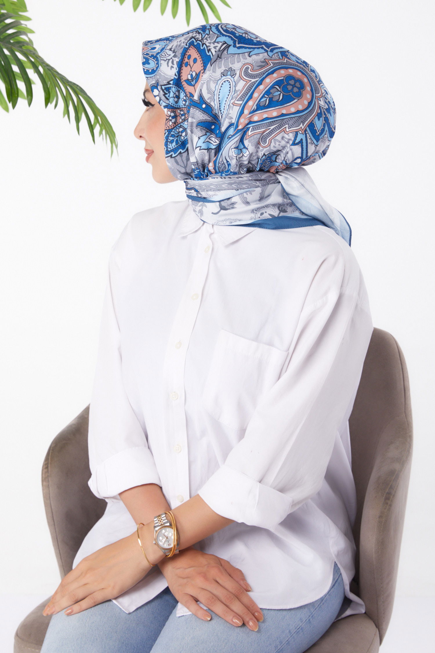 Düz Orta Kadın Indigo Desenli Eşarp - 26154 - 3