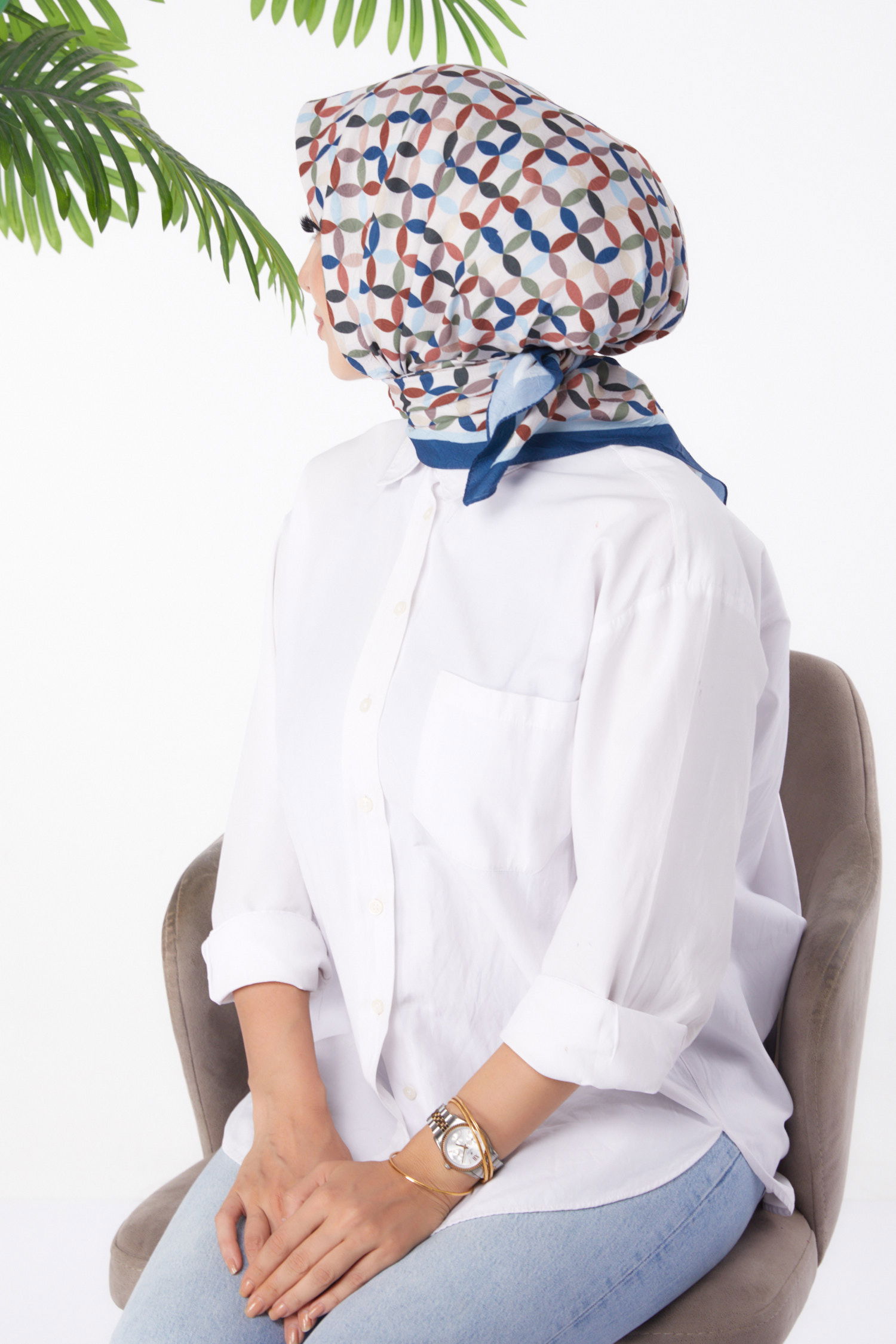 Düz Orta Kadın Indigo Desenli Eşarp - 26155 - 3