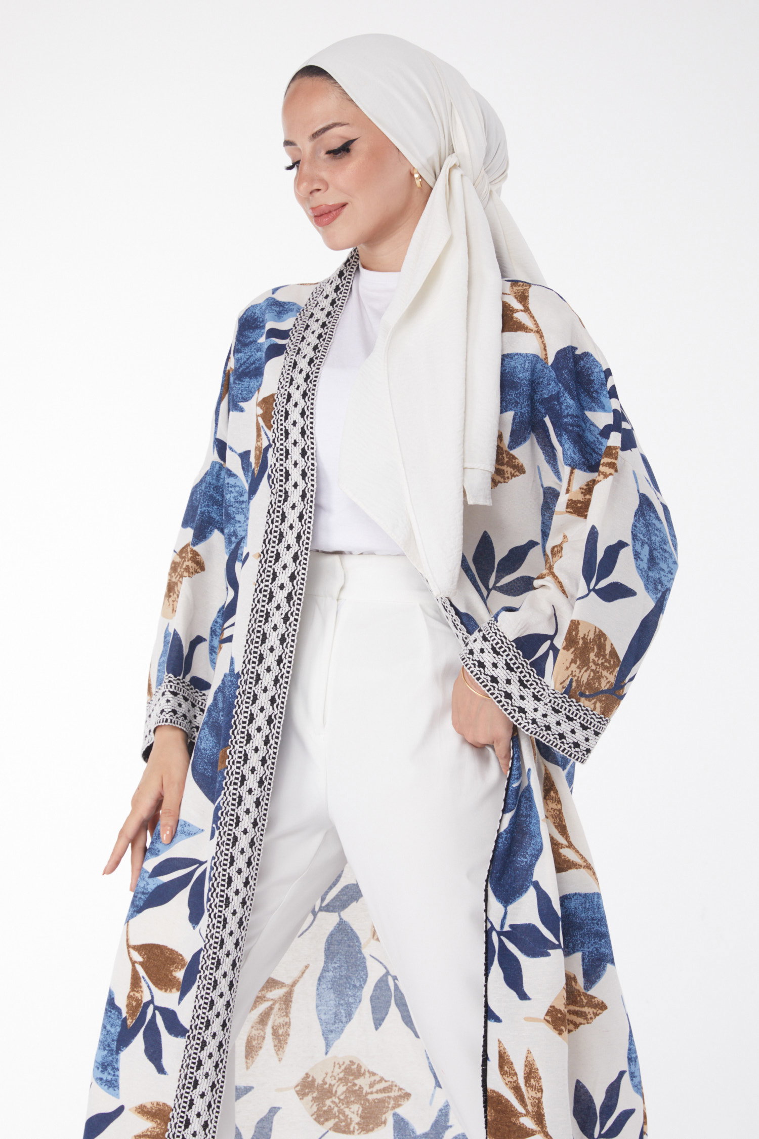 Düz Orta Kadın Indigo Desenli Kimono - 13233 - 1