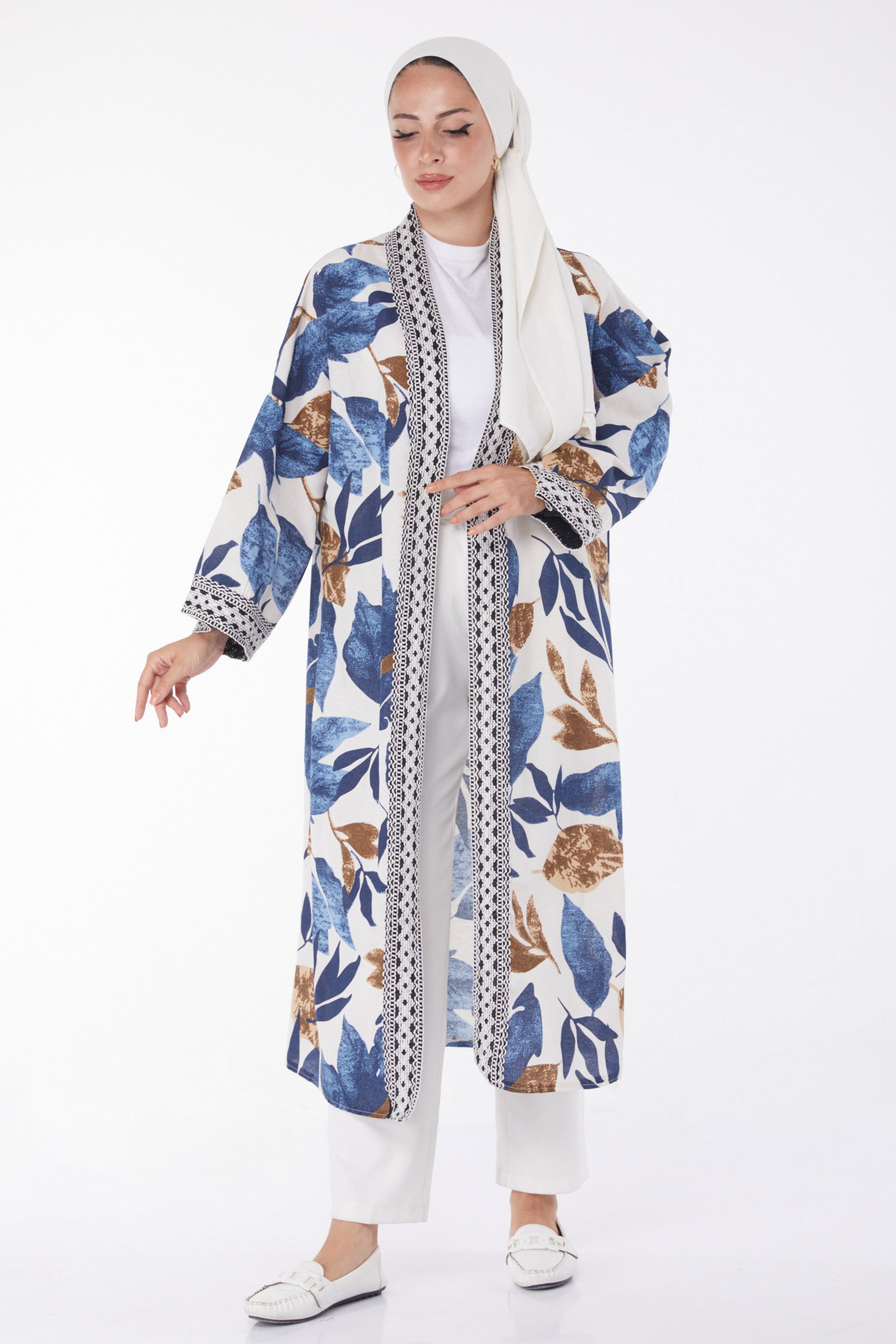 Düz Orta Kadın Indigo Desenli Kimono - 13233 - 2