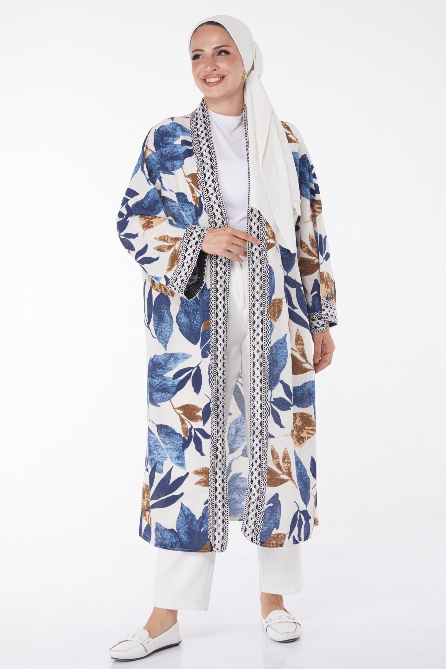 Düz Orta Kadın Indigo Desenli Kimono - 13233 - 3