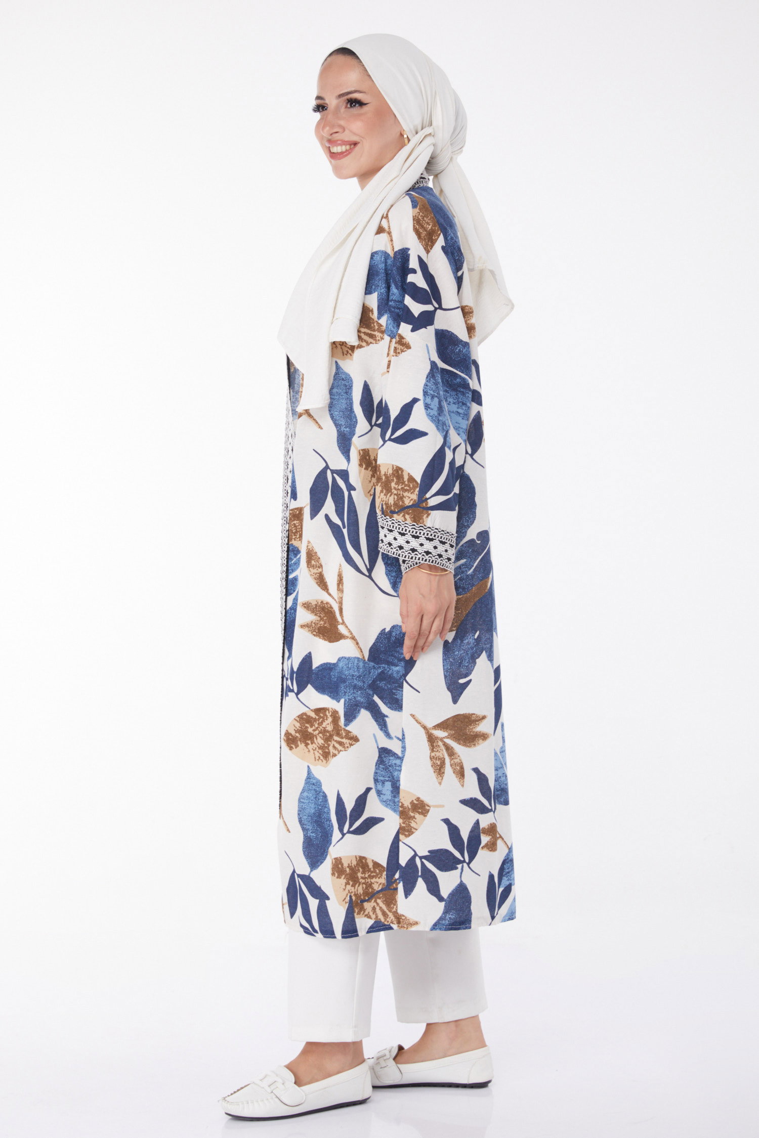 Düz Orta Kadın Indigo Desenli Kimono - 13233 - 4