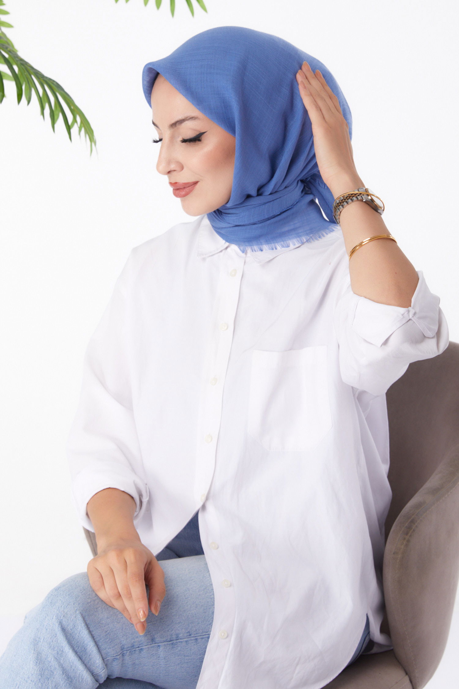 Düz Orta Kadın Indigo Eşarp - 26146 - 2