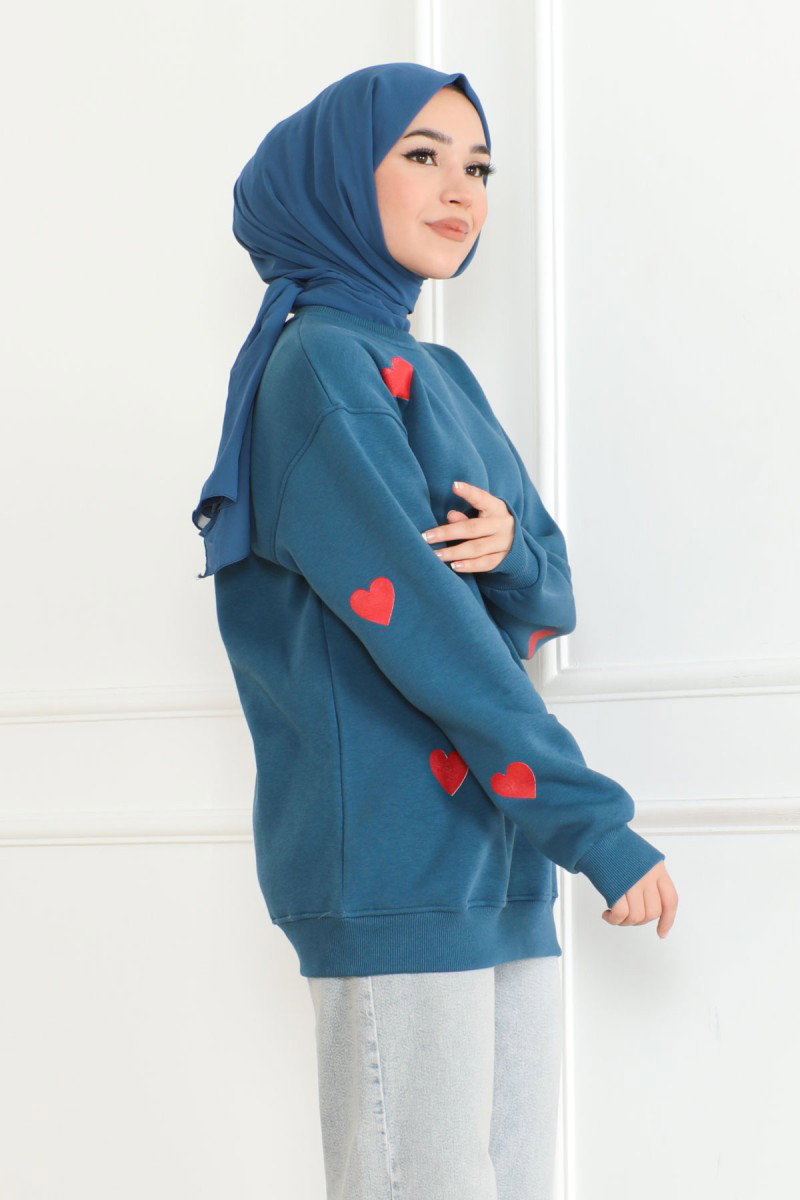 Düz Orta Kadın Indigo Kalpli Sweat - 26659 - 3