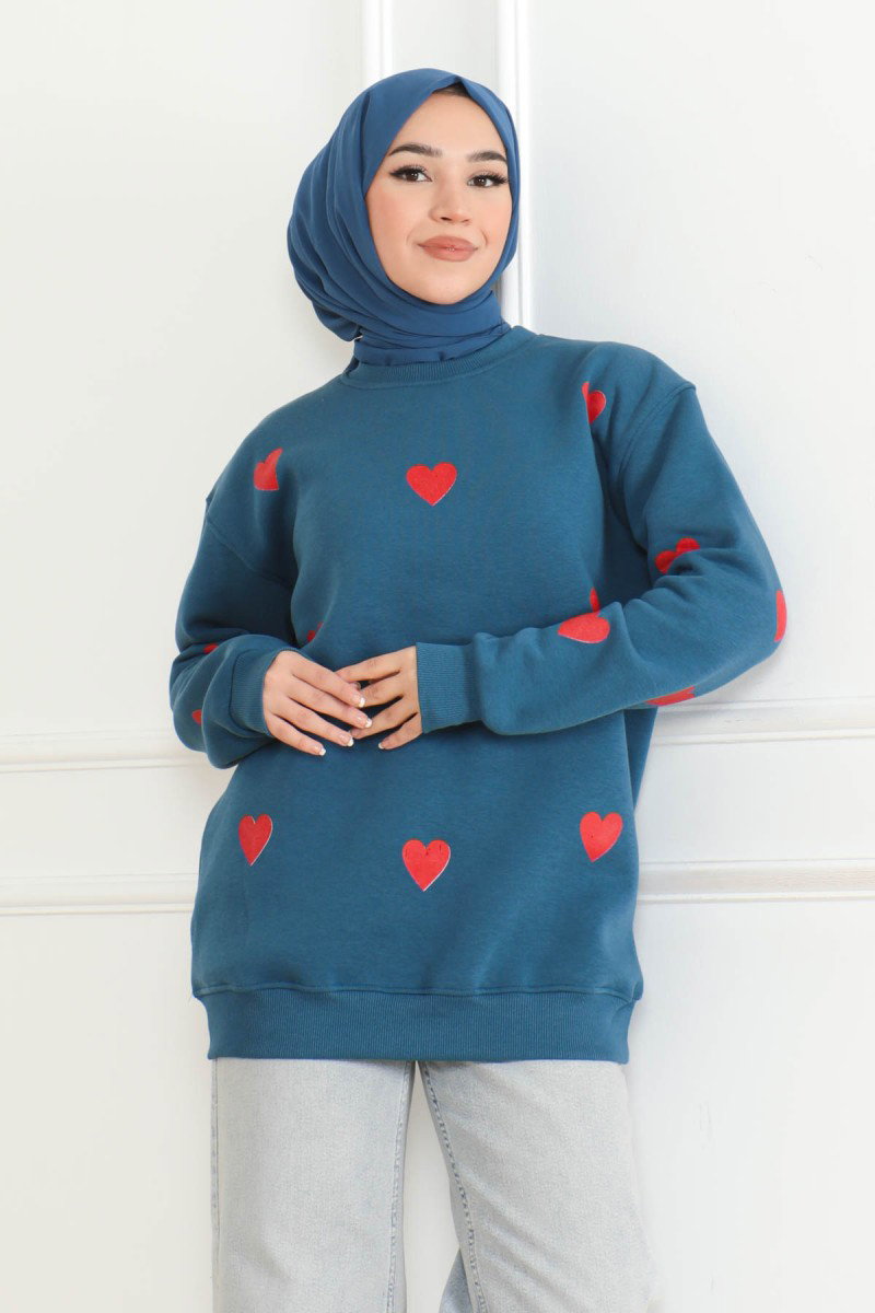Düz Orta Kadın Indigo Kalpli Sweat - 26659 - 2