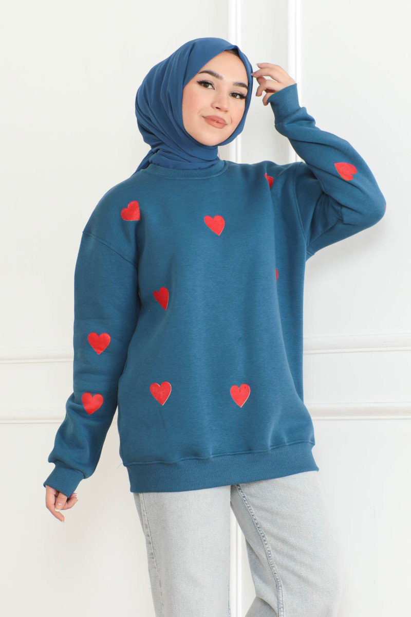 Düz Orta Kadın Indigo Kalpli Sweat - 26659 - 1