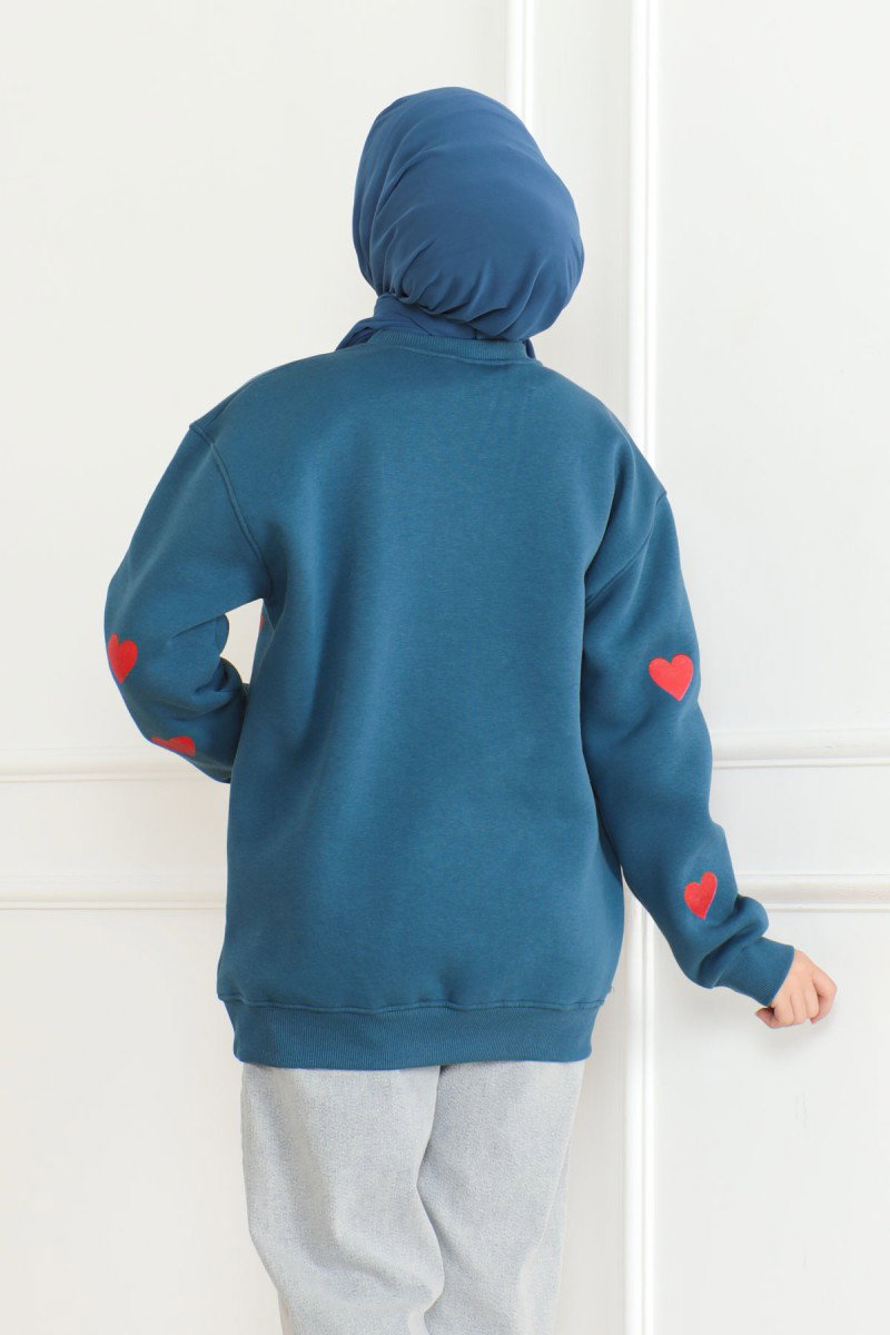 Düz Orta Kadın Indigo Kalpli Sweat - 26659 - 4