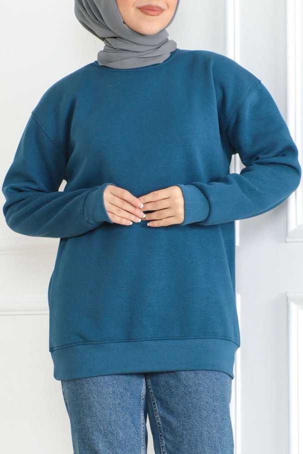 Kadın Bisiklet Yaka Salak Sweatshirt Indigo - 26617 - 1