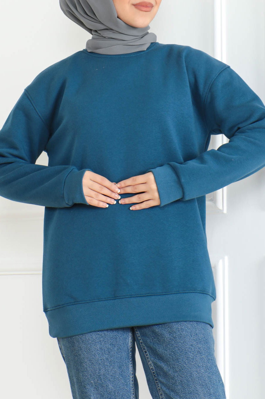 Kadın Bisiklet Yaka Salak Sweatshirt Indigo - 26617 - 2