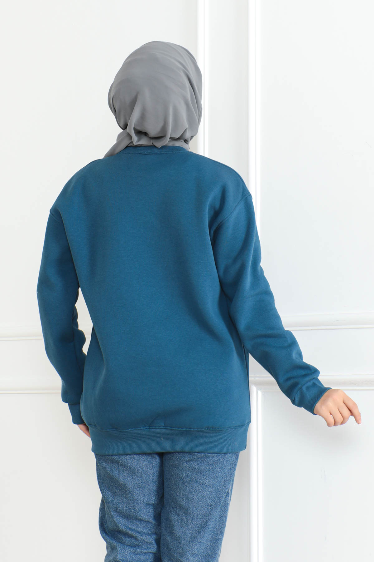 Kadın Bisiklet Yaka Salak Sweatshirt Indigo - 26617 - 4