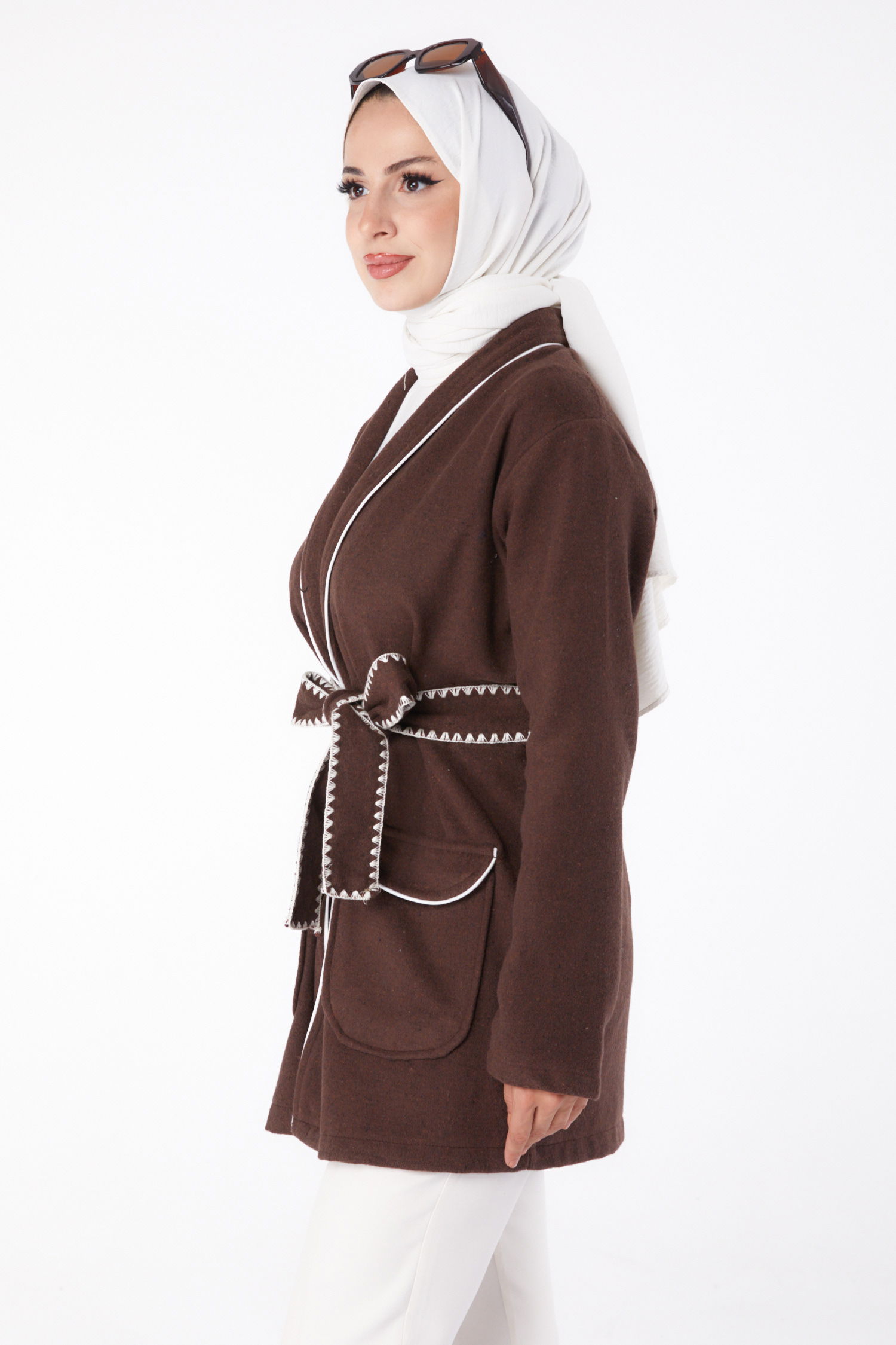 Ara biye Detaylı Kaşe Kaban Kahve - 13283 - 3