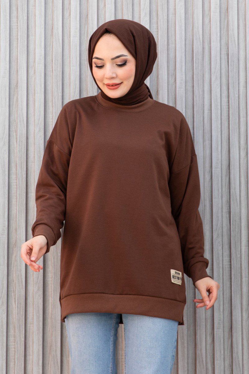Düz Orta Kadın Kahve Armalı Sweat - 26585 - 5