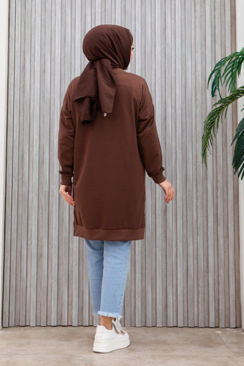 Düz Orta Kadın Kahve Armalı Tunik - 26568 - 18