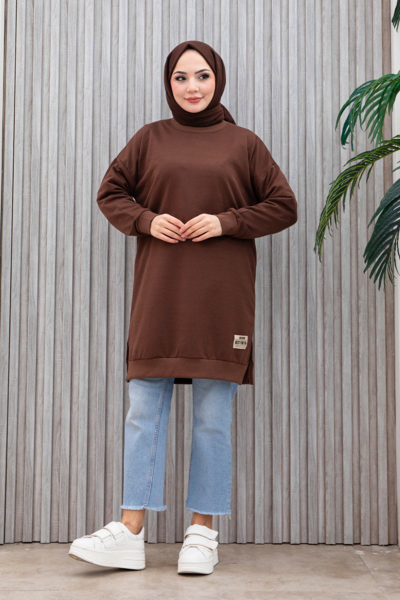 Düz Orta Kadın Kahve Armalı Tunik - 26568 - 15