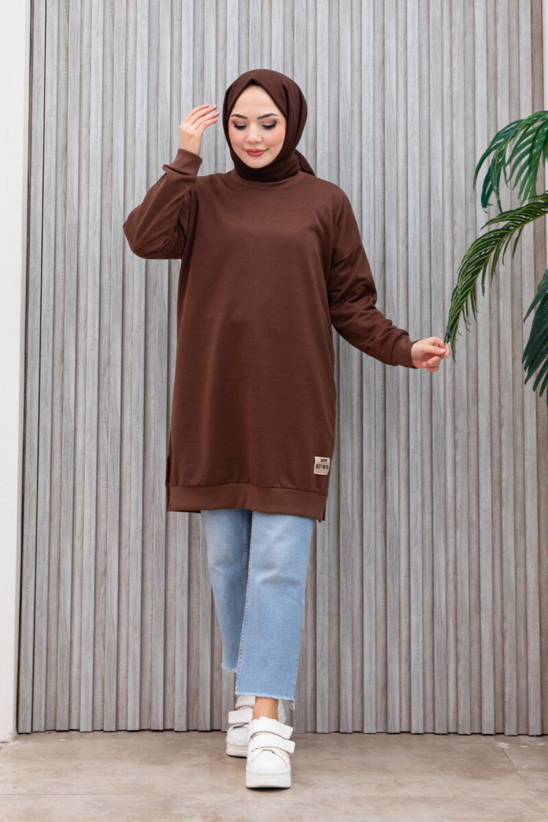 Düz Orta Kadın Kahve Armalı Tunik - 26568 - 12