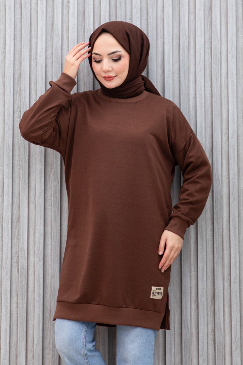 Düz Orta Kadın Kahve Armalı Tunik - 26568 - 10