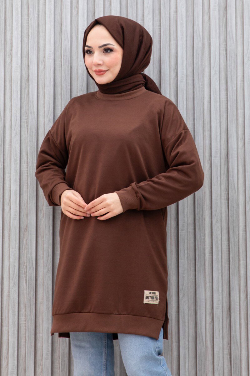 Düz Orta Kadın Kahve Armalı Tunik - 26568 - 3