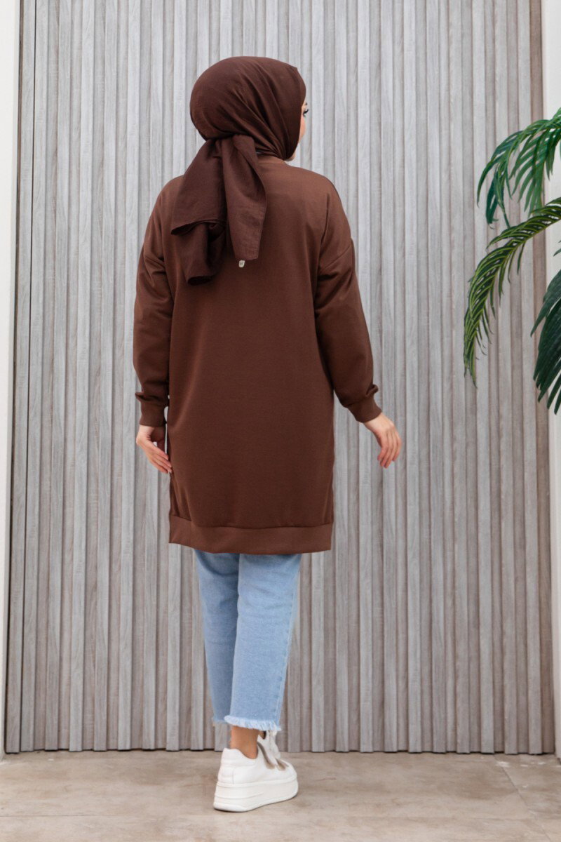 Düz Orta Kadın Kahve Armalı Tunik - 26568 - 5