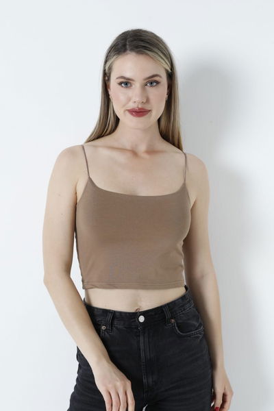 Düz Orta Kadın Kahve Atlet Crop - 26344 