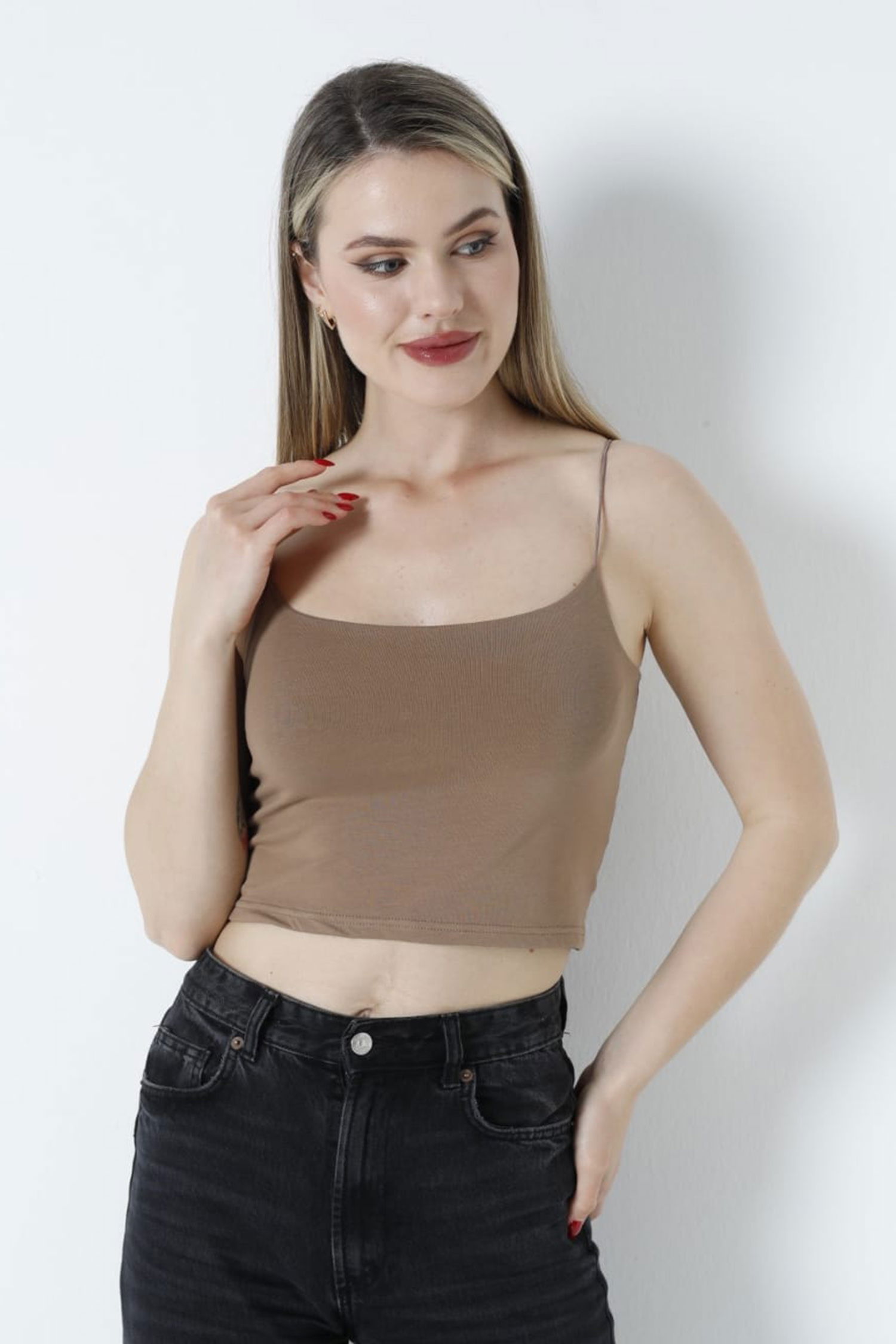 Düz Orta Kadın Kahve Atlet Crop - 26344 - 2