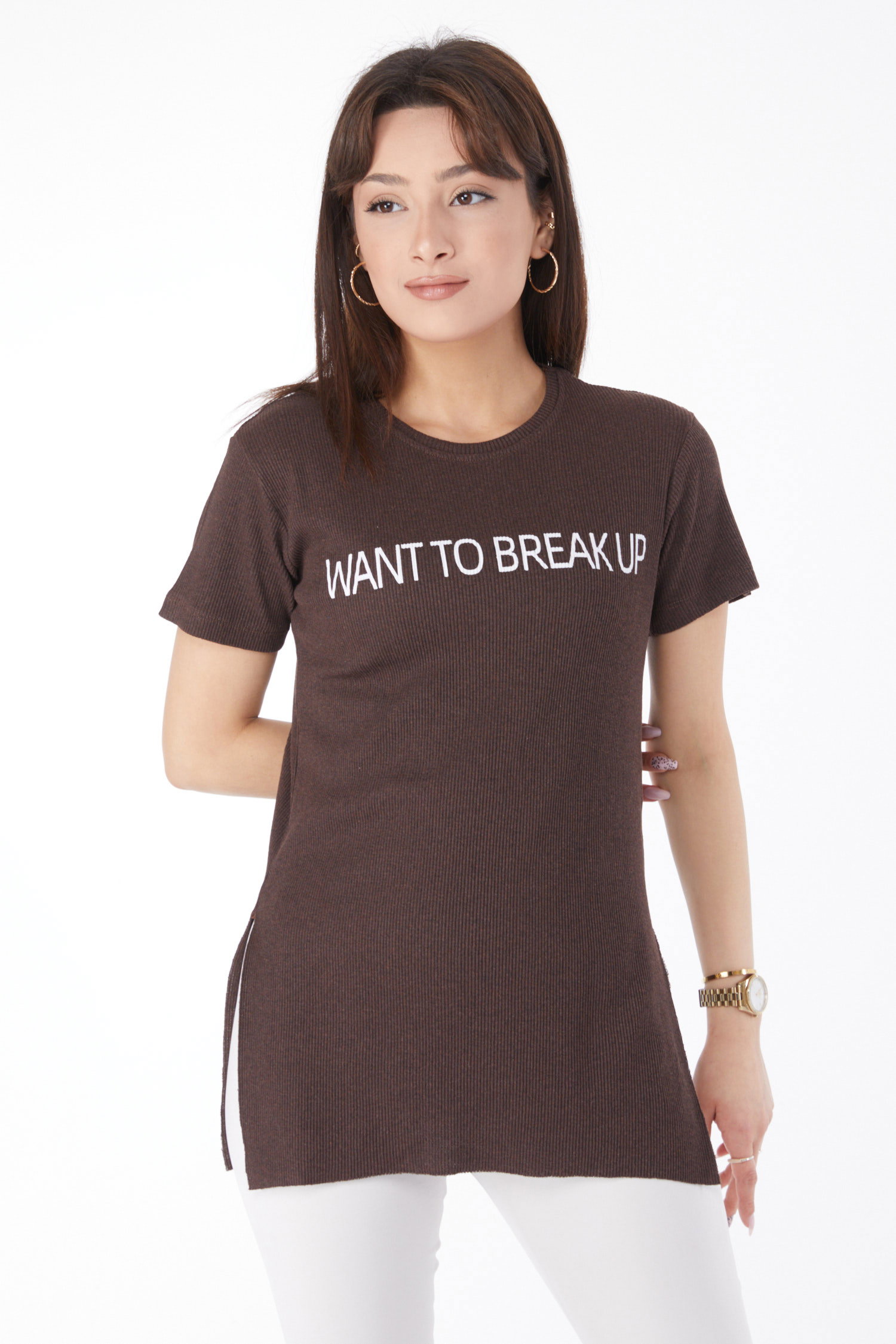 Düz Orta Kadın Kahve Baskılı Yırtmaçlı T-shirt - 24791 - 3