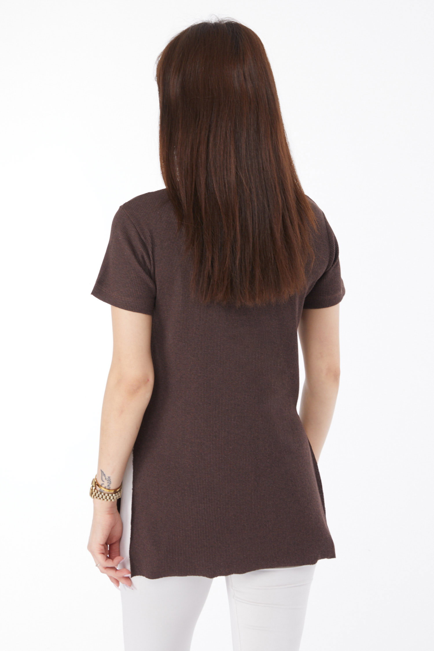 Düz Orta Kadın Kahve Baskılı Yırtmaçlı T-shirt - 24791 - 5